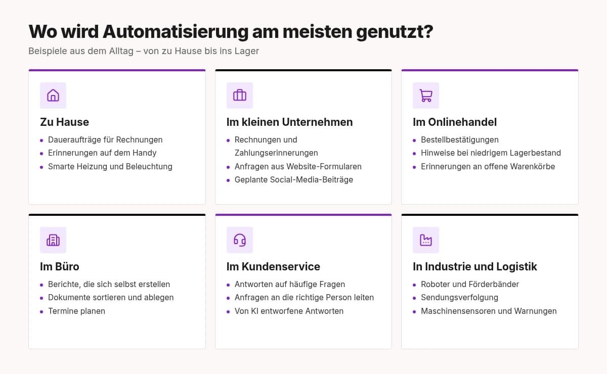 Sechs Bereiche, in denen Automatisierung hilft: Zuhause, kleines Unternehmen, Onlinehandel, Büro, Kundenservice, Industrie und Logistik